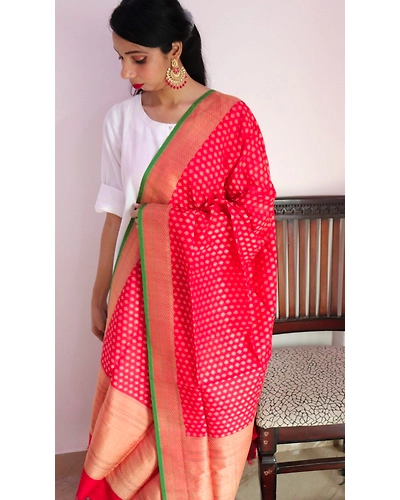 Red Leaf Booti Cutwork Handloom Banarasi Dupatta-3