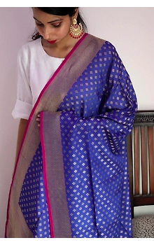 Blue Diamond Booti Cutwork Handloom Banarasi Dupatta