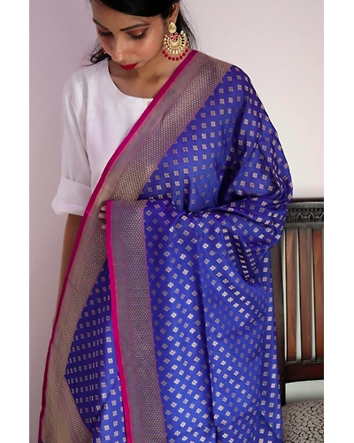 Blue Diamond Booti Cutwork Handloom Banarasi Dupatta-162021-0000112