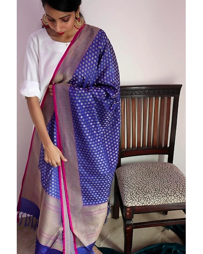 Royal Blue Chunri Booti Cutwork Handloom Banarasi Dupatta-3
