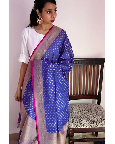 Blue Diamond Booti Cutwork Handloom Banarasi Dupatta-2