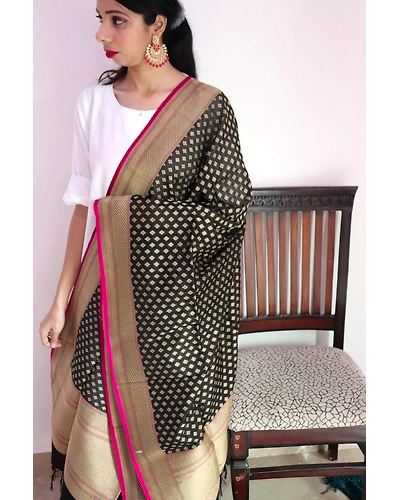 Black Diamond Booti Cutwork Handloom Banarasi Dupatta-3