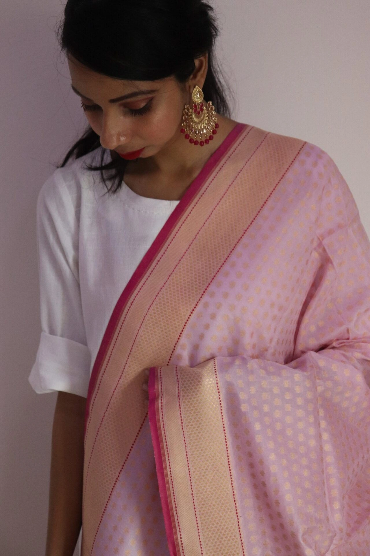 Light Pink Small  Booti Cutwork Handloom Banarasi Dupatta-162021-0000115