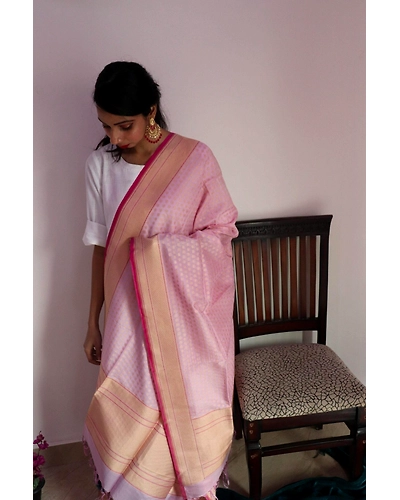 Light Pink Small  Booti Cutwork Handloom Banarasi Dupatta-3