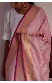 Pink Chunri Booti Cutwork Handloom Banarasi Dupatta