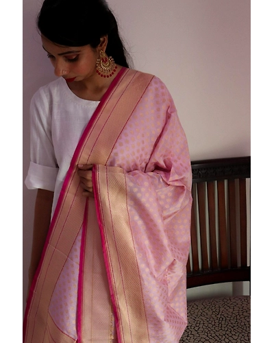 Pink Chunri Booti Cutwork Handloom Banarasi Dupatta-2