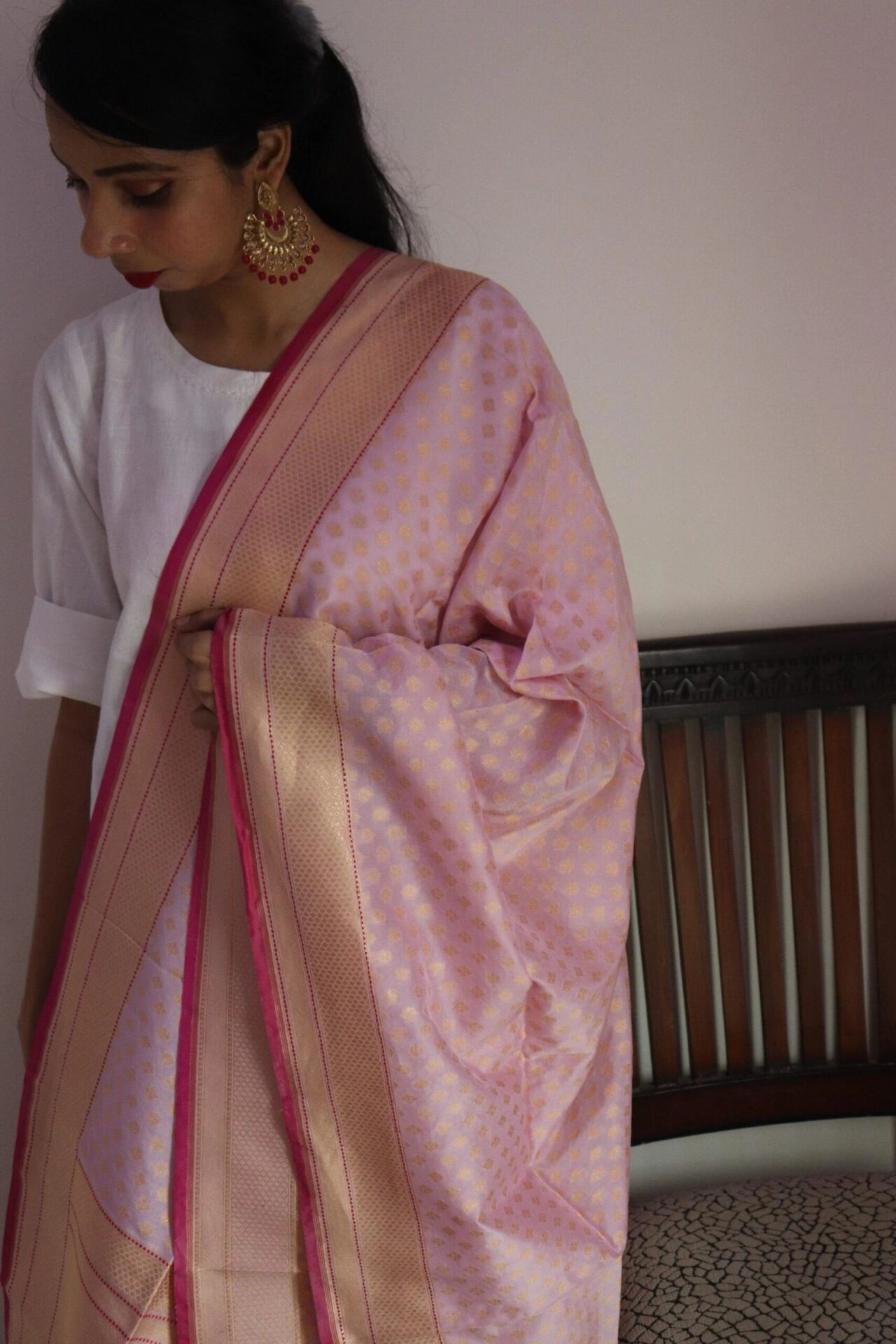 Pink Chunri Booti Cutwork Handloom Banarasi Dupatta-4