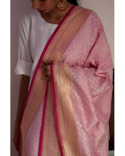 Pink Chunri Booti Cutwork Handloom Banarasi Dupatta-1