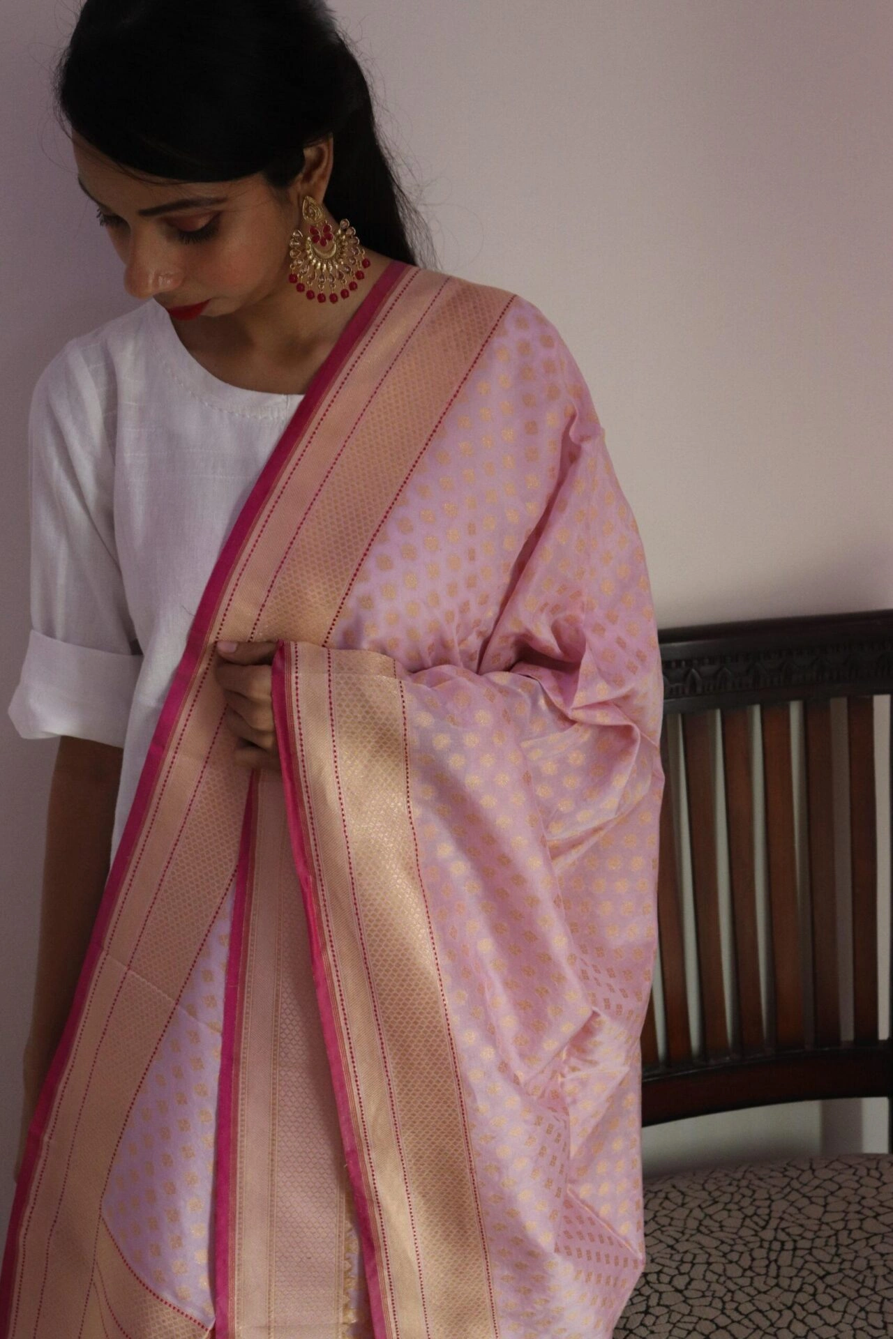 Pink Chunri Booti Cutwork Handloom Banarasi Dupatta-3