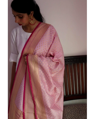 Pink Chunri Booti Cutwork Handloom Banarasi Dupatta-5