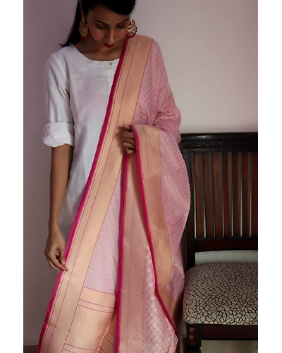 Light Pink Chunri Booti Cutwork Handloom Banarasi Dupatta-162021-0000117