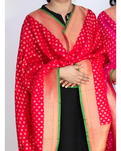 Red Small Booti Cutwork Handloom Banarasi Dupatta-1