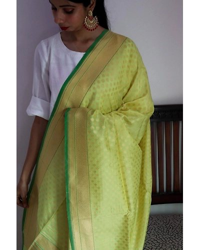 Yellow Booti Cutwork Handloom Banarasi Dupatta-162021-0000119