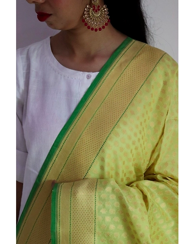 Lemon Yellow Chunri Boota Cutwork Handloom Banarasi Dupatta-1