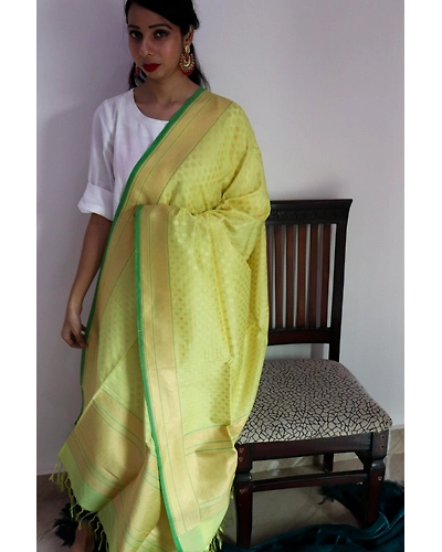 Yellow Booti Cutwork Handloom Banarasi Dupatta-3