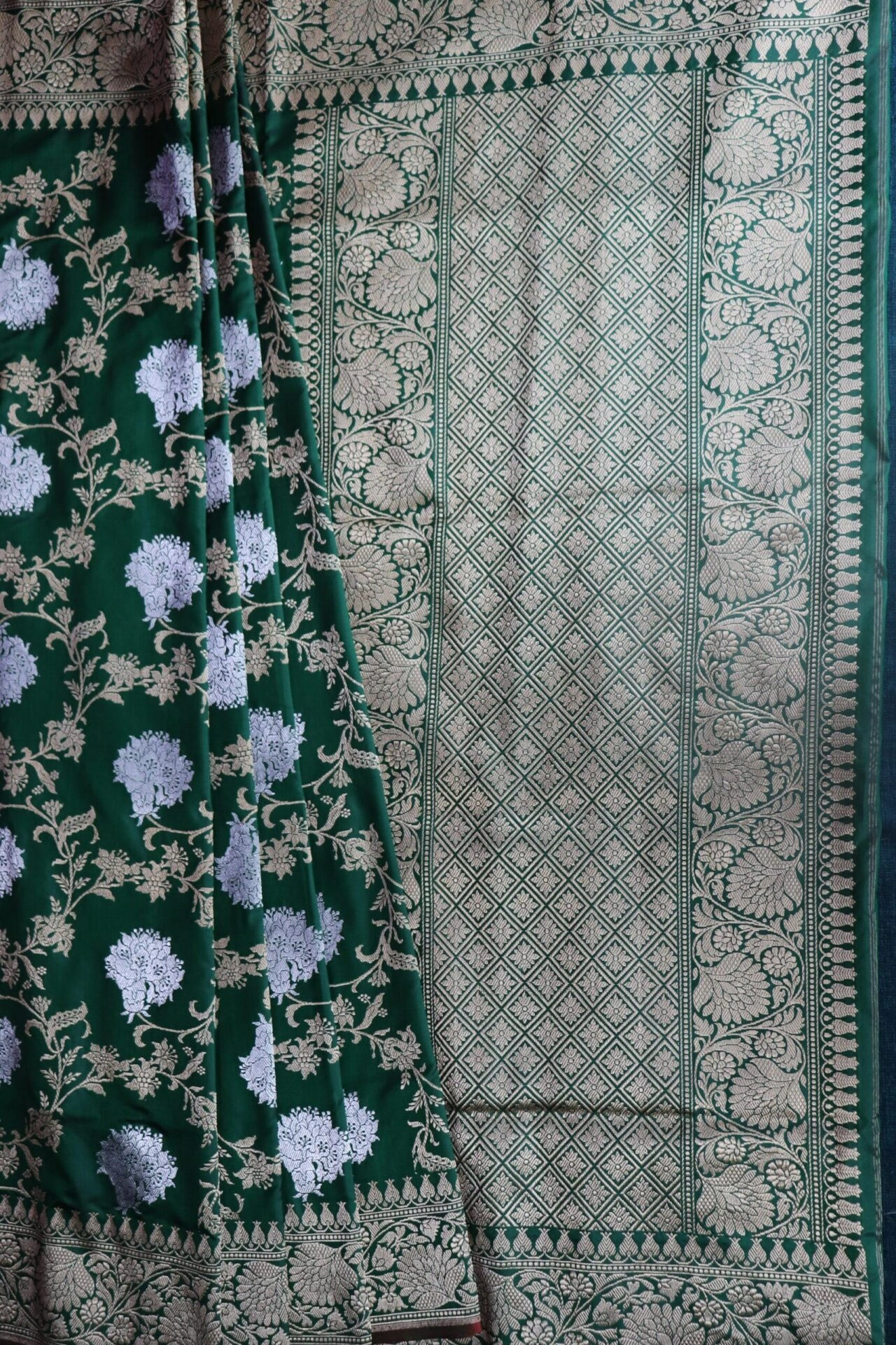 Dark Green Alfi Jangla Handloom Banarasi Saree-2