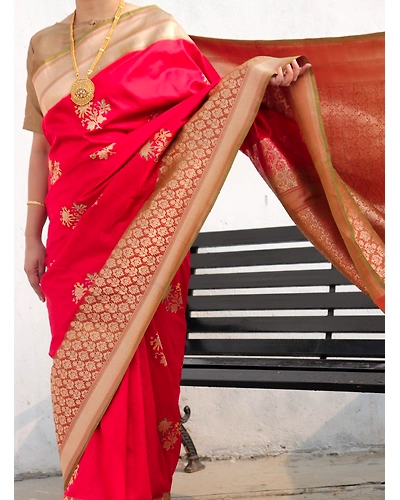 Red Kadhua Flower Multi Color Meena Boota Banarasi Handloom Saree-1