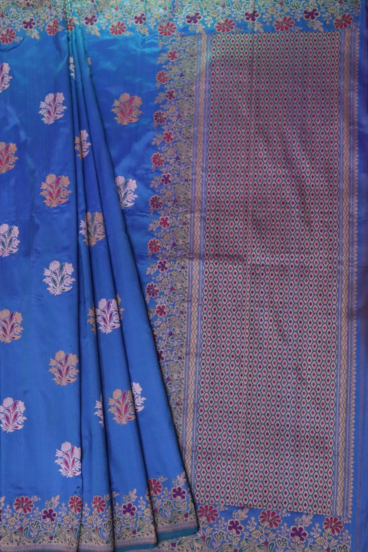 Blue Kadhua Flower Multicolor Meena Boota Kadiyal Banarasi Handloom Saree-162021-00020