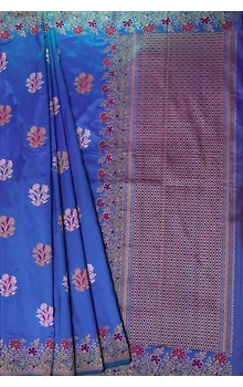 Blue Kadhua Flower Multicolor Meena Boota Kadiyal Banarasi Handloom Saree