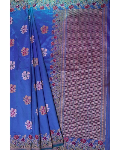 Blue Kadhua Flower Multicolor Meena Boota Kadiyal Banarasi Handloom Saree-1