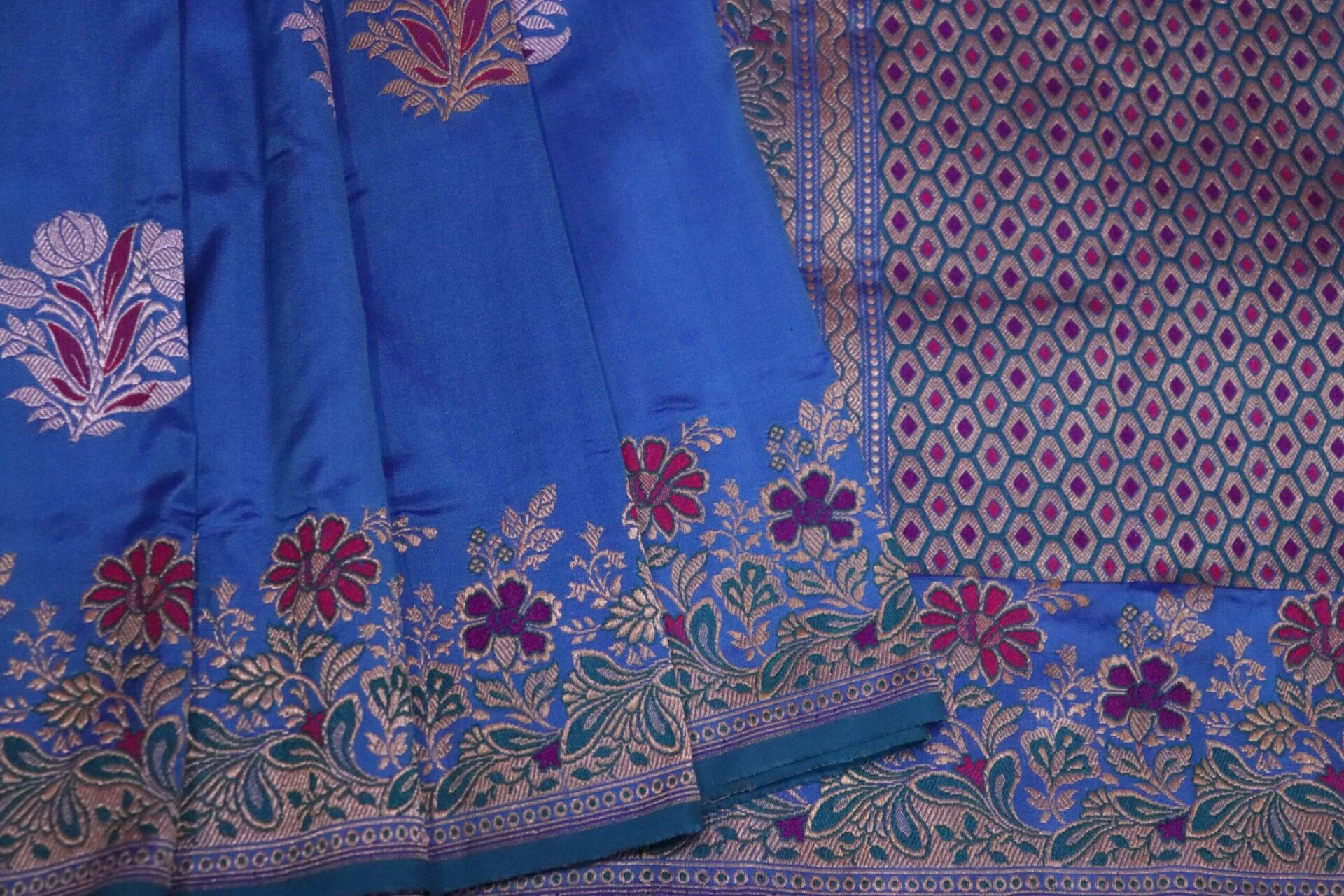 Blue Kadhua Flower Multicolor Meena Boota Kadiyal Banarasi Handloom Saree-2