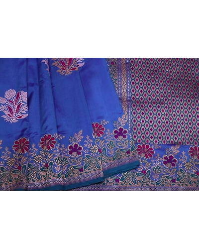 Blue Kadhua Flower Multicolor Meena Boota Kadiyal Banarasi Handloom Saree-2