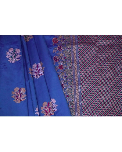 Blue Kadhua Flower Multicolor Meena Boota Kadiyal Banarasi Handloom Saree-3