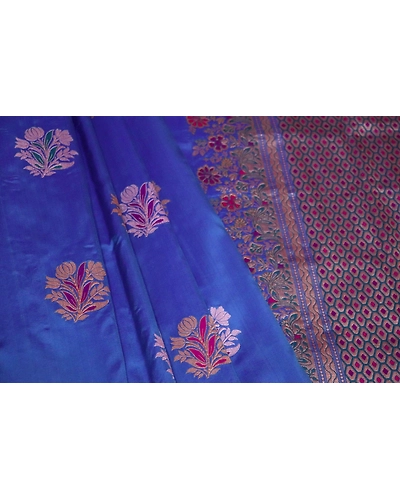 Blue Kadhua Flower Multicolor Meena Boota Kadiyal Banarasi Handloom Saree-4