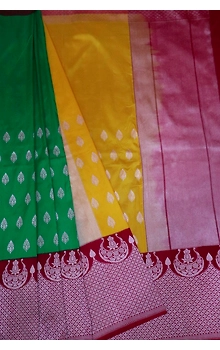 Half & Half Meena Yellow Green Contrast Border iskutt Banarasi Saree