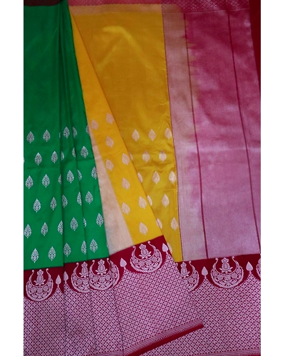 Half &amp; Half Meena Yellow Green Contrast Border iskutt Banarasi Saree-162021-00023