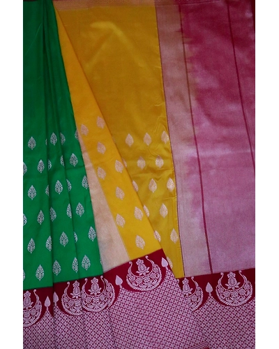 Half &amp; Half Meena Yellow Green Contrast Border iskutt Banarasi Saree-1