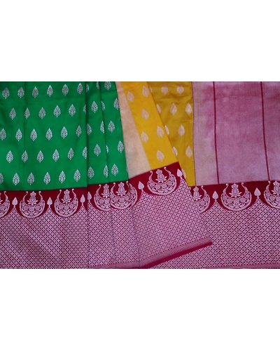 Half &amp; Half Meena Yellow Green Contrast Border iskutt Banarasi Saree-3