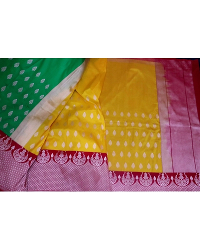 Half &amp; Half Meena Yellow Green Contrast Border iskutt Banarasi Saree-4