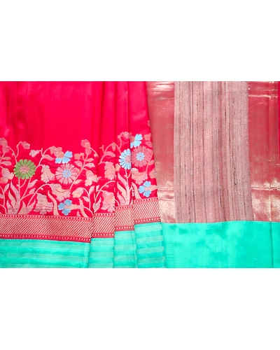 Red Multi Meena Contrast iskutt Kadiyal Banarasi Handloom Saree-2