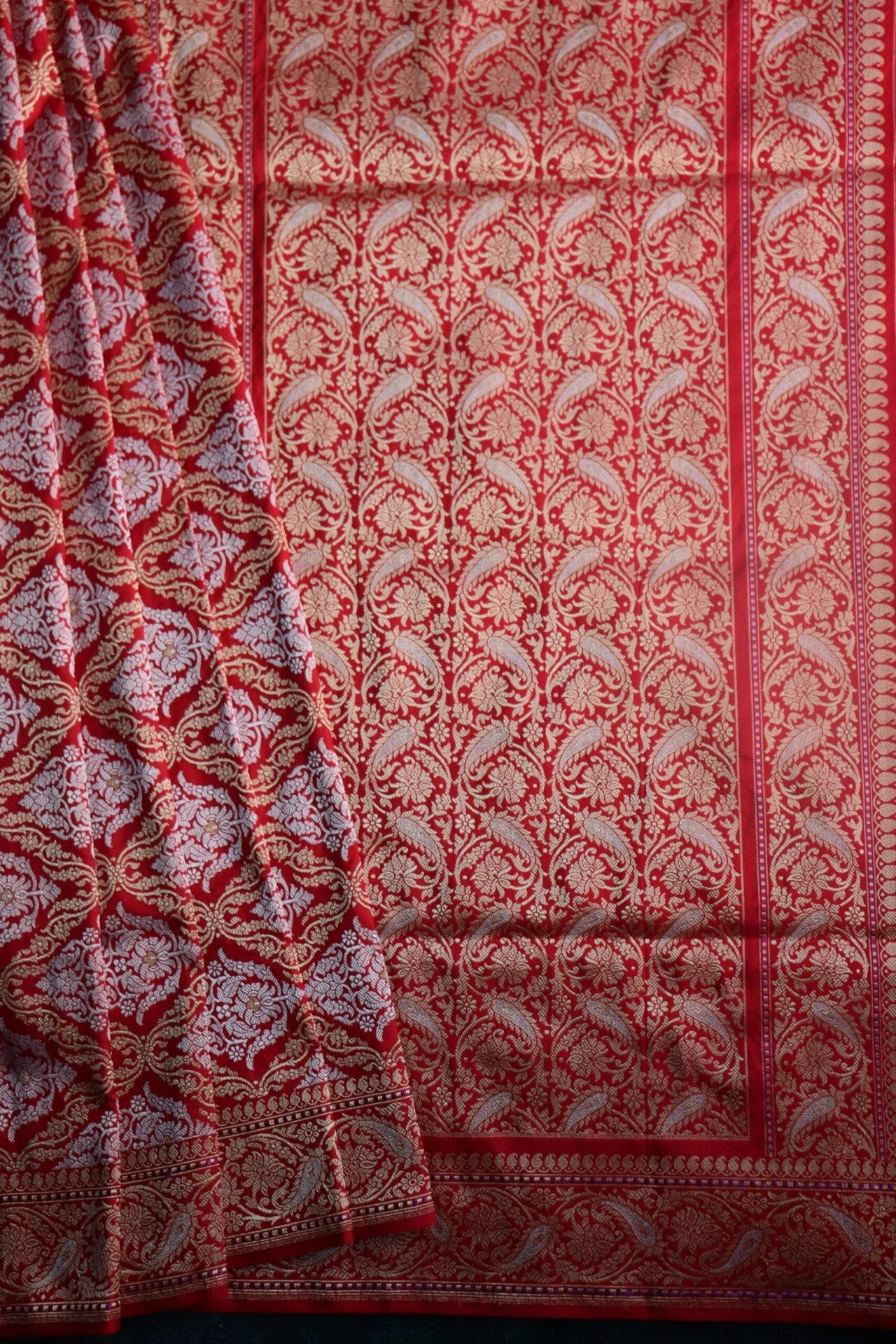 Red Mughal Jaal Boota Jangla Banarasi Handloom Saree-162021-00032