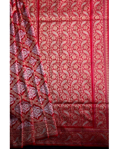 Red Mughal Jaal Boota Jangla Banarasi Handloom Saree-162021-00032