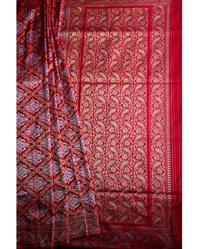 Red Mughal Jaal Boota Jangla Banarasi Handloom Saree-2