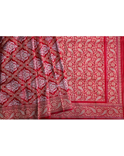Red Mughal Jaal Boota Jangla Banarasi Handloom Saree-3