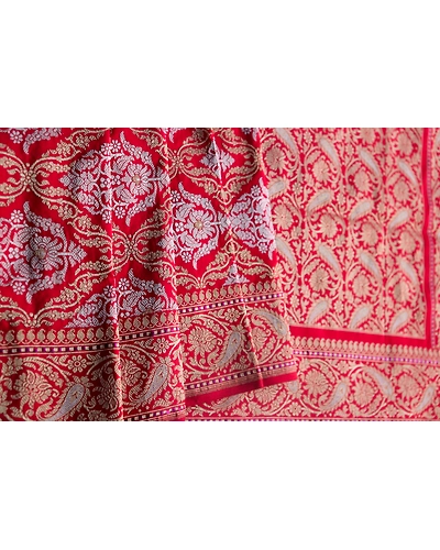 Red Mughal Jaal Boota Jangla Banarasi Handloom Saree-4