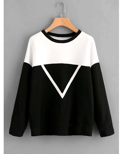 Color Block Women Round Neck Black, White T-Shirt-W1FR