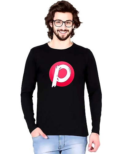 WAYTOBUY Cotton Black Round Necked Full Sleeve T Shirt P Logo Printed (PLG21, 100% Cotton)-PLG21