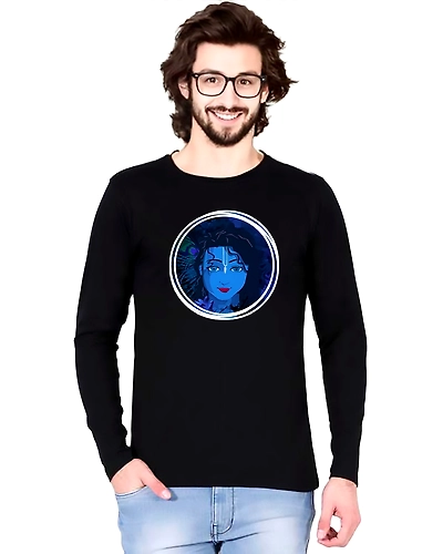 WAYTOBUY COTTON BLACK ROUND NECKED FULL SLEEVE T SHIRT WITH KRISHNA PHOTO (WBSP01, 100% COTTON)-WBSP01