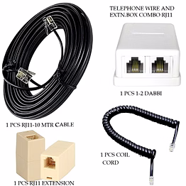 10m telephone cable line cord 1 cable + 1 coil cord/handset wire +1-2 way dabbi+1 rj11 cable extension for landline,phone,modem(pack of 4 item).,black