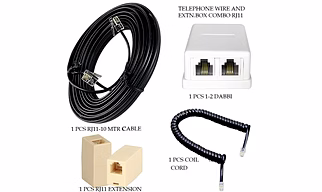 10M Telephone Cable Line Cord 1 Cable + 1 Coil Cord/Handset Wire +1-2 Way Dabbi+1 Rj11 Cable Extension For Landline,Phone,Modem(Pack Of 4 Item).,Black