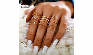 Tocona 8pcs/sets Bohemian Geometric Rings Sets Clear Crystal Stone Gold Chain Opening Rings for Women Jewelry Accessories 9012