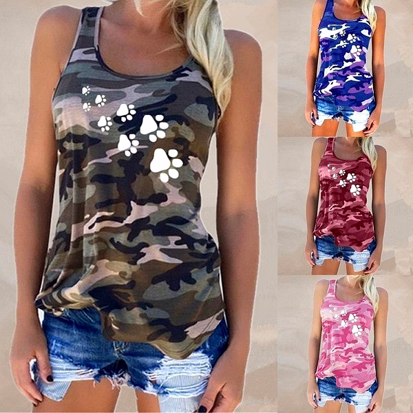 2019 New Fashion Camouflage Dog Paw Print T-Shirt Women Sleeveless Tshirt Top Femme Funny Tumblr Kyliejenner streetwear tops image 1