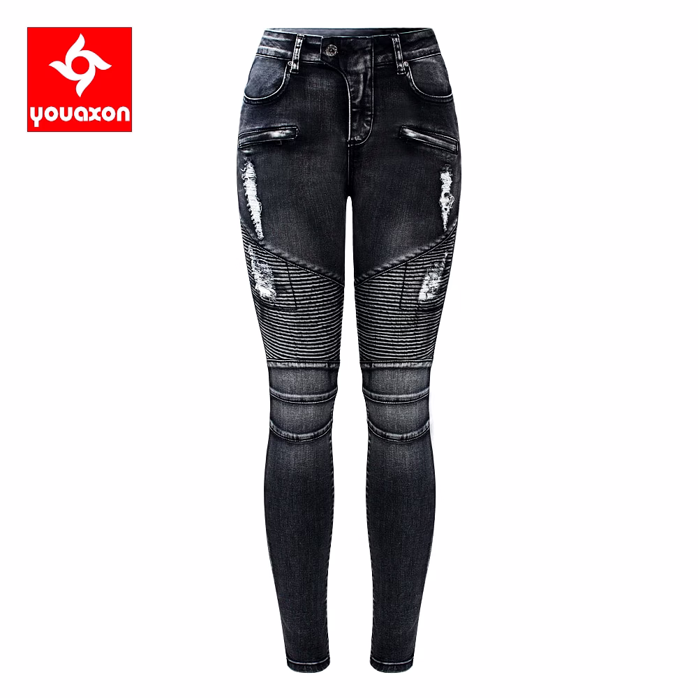 2168 Youaxon New Black Motorcycle Biker Zip Jeans Women`s Mid High Waist Stretch Denim Skinny Pants Motor Jeans For Women image 1