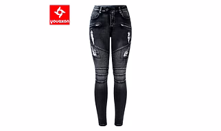 2168 Youaxon New Black Motorcycle Biker Zip Jeans Women`s Mid High Waist Stretch Denim Skinny Pants Motor Jeans For Women