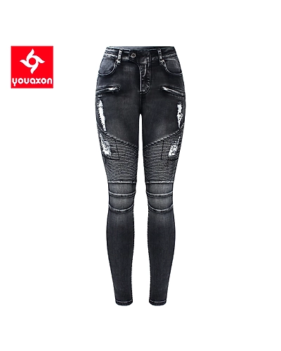 2168 Youaxon New Black Motorcycle Biker Zip Jeans Women`s Mid High Waist Stretch Denim Skinny Pants Motor Jeans For Women-32870337215