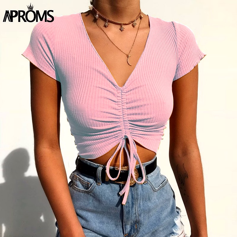 Aproms Sexy V Neck Cropped Tank Tops Women Drawstring Tie Up Front Camis Candy Colors Streetwear Slim Fit Ribbed Crop Top 2020 image 1